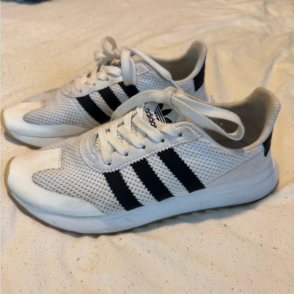 Adidas White Mesh Sneakers with Black Stripes